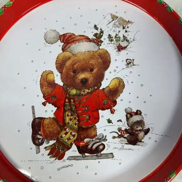 Vintage 1991 Giordano/Giftco Christmas Metal Tray Skating Teddy Bear and Mouse - Picture 2 of 5